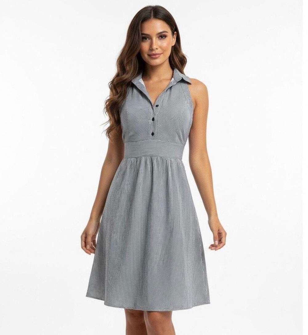 Maeve Anthropologie Halter Neck Pinstripe Sleeveless Shirtdress sz 12